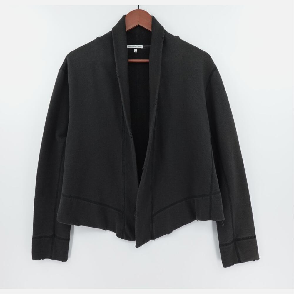 James Perse Standard Open Front Cardigan Womens 2 Black Terry Distressed